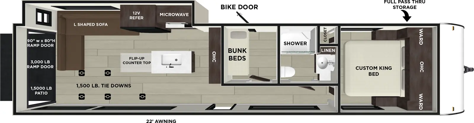 The Wildwood FSX 30VC floorplan is a toy hauler that has one entry and one slide out. Exterior features include: fiberglass exterior and 22' awning. Interiors features include: bunk beds, kitchen island and front bedroom.
